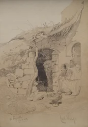 Tre personer siddende uden for et hus, Nazareth, 1859 (blyant og vask på papir)