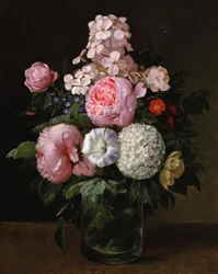 Stilleben med lyserøde roser og hortensiaer. Maleri af Carl Henrik Koch Møller (1845-1920) Privat samling.