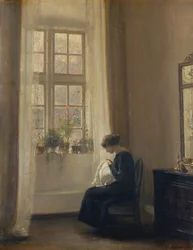 En pige, der syr i et interiør (olie på lærred)