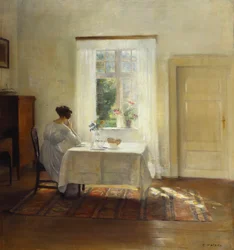 En kvinde sidder ved et bord ved et vindue (olie på lærred)