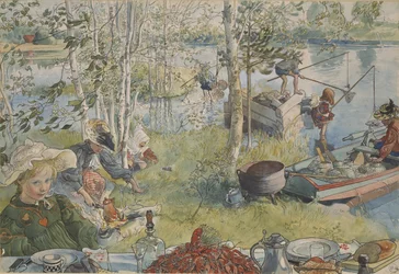 La peche aux ecrevisses - Krebsefiskeri, af Larsson, Carl (1853-1919). Akrylfarver på papir. Mål: 32x43 cm. Nationalmuseum Stockholm