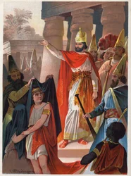 På et skilt af Sarastro spreder en præst store sorte sejl på prins Tamino og prinsesse Pamina Illustration af Carl Offterdinger (1829-1889) i "" Den fortryllede fløjte"" (Die Zauberflote, flauto magico, Tryllefløjten). Privat samling.