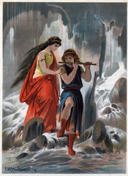Prins Tamino og prinsesse Pamina krydsede frygtløst de flydende vandstammer, og prinsen fortsatte med at spille fløjte. Illustration af Carl Offterdinger (1829-1889) i «Tryllefløjten». (Die Zauberflöte, flauto magico, The Magic Flute) Pri