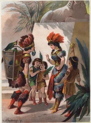 Den sorte jæger lukker Papagenos mund med en lås for at straffe ham for at lyve og tilskrive sig selv drabet på slangen foran dronningen. Illustration af Carl Offterdinger (1829-1889) i “Tryllefløjten”. (Die Zauberflöte, flauto magico, The Magic Flute)