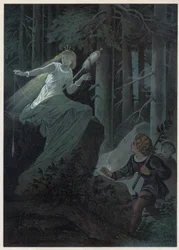 Gebyret, der løb væk med en gylden spindel, sang skæbnen for en gylden knap. Illustration af Carl Offterdinger (1829-1889) i “” Bouton d