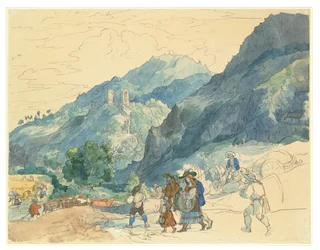 Landskab nær Innsbruck med ruinerne ved Fragenstein og bønder, der vender hjem og arbejder på markerne