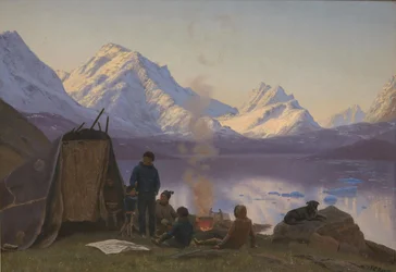 En grønlandsk boplads ved en fjord. Sommer