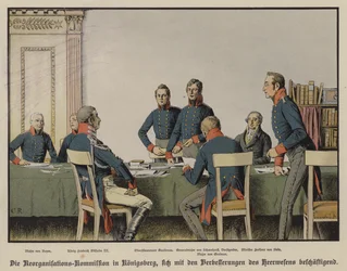 Kong Frederik Vilhelm III deltog i et møde i den preussiske militære reorganiseringskommission i Königsberg (farve litho)