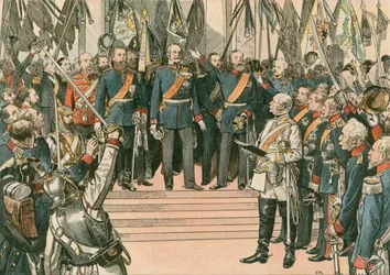Wilhelm I, konge af Preussen og den første tyske kejser (1797-1888), er anerkendt som kejser af det nyligt forenede tyske imperium ved Versailles-traktaten i 1871