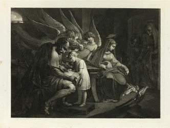 Den hellige familie travlt derhjemme: Joseph lærer drengen Jesus at læse. Mary fodrer duerne. Elizabeth kommer ind i rummet med John