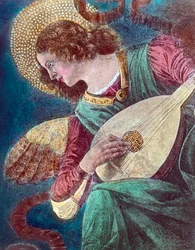 En engel, der spiller musik. Del af et freskomaleri af den italienske renæssancemaler Melozzo da Forli, også kendt som Michelozzo degli Ambrogi (1438 - 1494), malet ca. 1480. Billeddato: ca. 1900. Carl Simon-arkivet