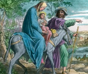 Flugten til Egypten. Bibelsk illustration (udateret) af den tyske maler Julius Schnorr von Carolsfeld (1794 - 1872). Billeddato: ca. 1900. Carl Simon-arkivet