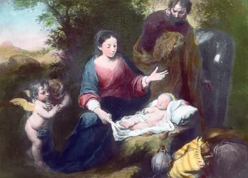 Det sovende Jesusbarn med engle, Maria og Josef. Maleri (udateret) af den spanske barokmaler Bartolome Esteban Murillo (1617 - 1682). Billeddato: ca. 1900. Carl Simon-arkivet