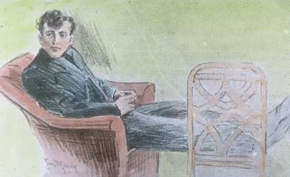 Titanics jomfrurejse 1912, billedet er sandsynligvis en illustration af Harold Bride, en af Titanics trådløse telegramoperatører, historie, historisk, Carl Simon, håndkoloreret glasdias