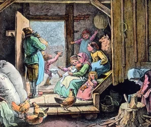 Vinteren kommer med den første sne. Grafik (udateret) af den tyske maler og grafiker Fritz Richter (1904 - 1981). Billeddato: ca. 1930. Carl Simon-arkivet