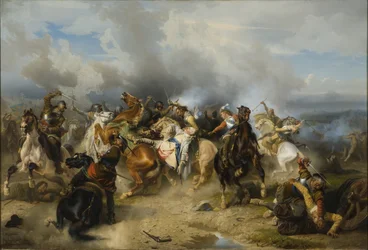 Kong Gustav II Adolfs død af Sverige (1594-1632) sagde Nordens Store eller Løve i slaget ved Luetzen den 6. november 1632 - Kong Gustav II Adolf af Sverige døde i slaget ved Luetzen den 6. november 1632, af Wahlbom, Carl (1810-1858). Olie på