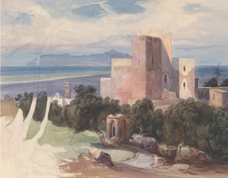 Udsigt på Terracina med Mount Circeo recto..., midten af det 19. århundrede.