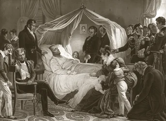 Napoleon på sit dødsleje, 5. maj 1821, pub. gravering.
