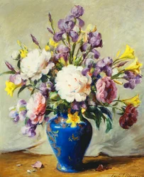 Stilleben med pæoner og iris
