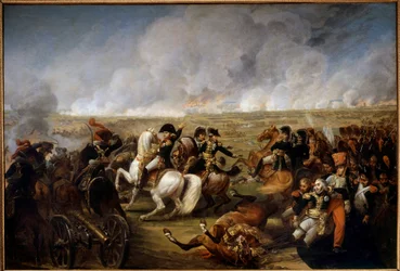 Kejser Napoleon I (1769-1821) ved slaget ved Wagram den 5/07/1809. Til højre hjalp to soldater general Joseph Marie Dessaix (1764-1834), såret under slaget. Maleri af Antoine Carle Vernet (1758-1836)