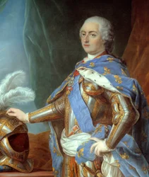 Detalje af ""Portrait en pied de Louis XV"" (1710-1774). Maleri af Carle Van Loo (1705-1765)