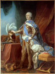 Portræt i foden af Ludvig XV (1710-1774), i rustning, hånd anbragt på et ror. Maleri af Carle Van Loo (1705-1765), olie på lærred (271 x 193 cm)