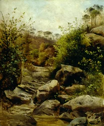 Udsigt over Scopeti gennem klipper af Carlo Ademollo (1824-1911), olie på pap overført til karton, 33x28 cm