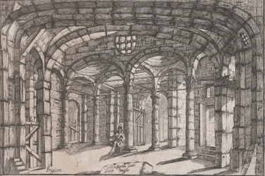 Interiør af et fængsel, hvori sidder en kvinde, ca 1680-1710.