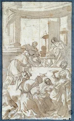 The Holy Family Adoree af Saints Charles Borromee (1538-1584), Francois af Assisi (1182-1226), Claire of Assisi (1194-1253) og Lucia Drawing in Ink and Wash af Carlo Bononi (1569-1632) Søn. 0,26 x 0,15 m Paris. Louvre-museet