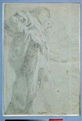 To mænd stående gardiner Tegning i blæk og vask af Carlo Bononi (1569-1632) Dim. 0,27 x 0,39 m Paris. Louvre-museet
