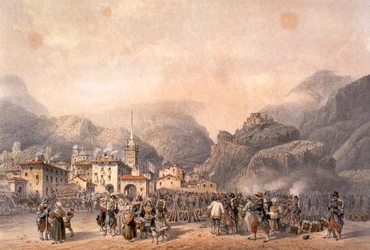 Fransk lejr ved Susa i 1859, af Carlo Bossoli (1815-1884), gravering. Anden uafhængighedskrig, Italien 1800-tallet.