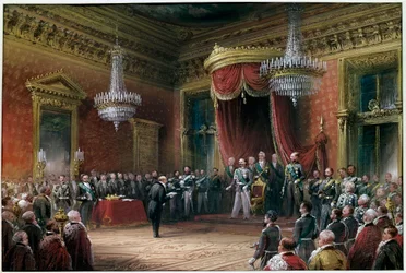 Risorgimento - Carlo Farini (1812-1866) præsenterer for Victor Emmanuel II (Victor Emmanuel) (Vittorio Emanuele) (1820-1878) pagten om annektering af Emilia Romagna i 1860 (olie på lærred)