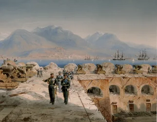Belejring af Gaeta, inspektion af nyligt besatte fæstningsværker (tempera)