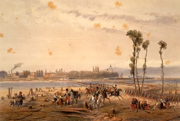 Franskmændene passerede Sesia ved Vercelli i 1859, af Carlo Bossoli (1815-1884), gravering. Anden uafhængighedskrig, Italien