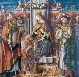 Tysk: Tronende Madonna med barnet, overrækkelsen af nøglerne til apostlen Sankt Peter og med Sankt Johannes Capistranus, Sankt Emidius, Sankt Frans, Sankt Ludvig af Toulouse, den salige Giacomo della Marca og en biskop Tronende Madonna med barnet, overrækk