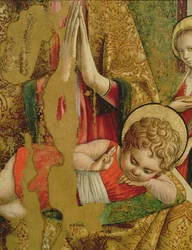 Madonna og barn, detalje af Kristusbarnet, fra midterpanelet i den anden triptykon af Valle Castellamo tempera på paneldetalje af 76632