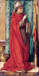 Portræt af Sankt Bonaventure (Giovanni da Fidanza eller Bonaventura de Bagnorea eller Bagnoregio, ca. 1220-1274), teolog, kirkelæge (Docteur seraphique) af Carlo Crivelli (ca. 1435-c. 1495), ca. 1490 - Olie på træ, 52,8x25,2 - Staatliche Museen