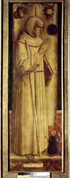 Santiago de la Marche (1394-1476) og to donorer knælende (nogle gange fejlagtigt siger St. Bernardino af Siena). Maleri af Carlo Crivelli (1435-1495)