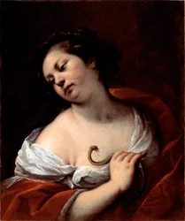 Kleopatras selvmord, Egyptens dronning Kleopatra VII Thea Philopator (69-30 f.Kr.), ved bid af en asp-slange. Kleopatras selvmord. Maleri af Carlo Francesco Nuvolone (ca. 1609-1662)