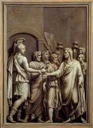 Det antikke Rom: kriger og mand i en toga, der udveksler en kugle. Maleri af Carlo Labruzzi (1748-1818) efter et lavt romersk relief. Brest. Museum for Skønne Kunster
