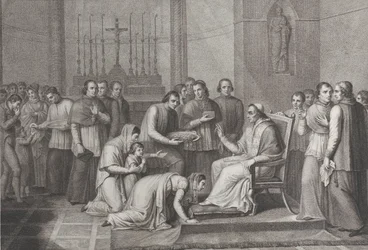 En kvinde knæler for at kysse foden af pave Pius VII, med en menneskemængde bag hende til venstre, 1814-50
