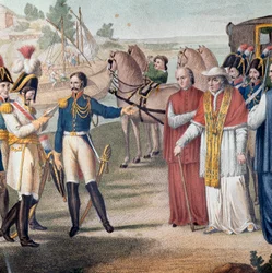 Pave Pius VII (Pio) (1742-1823) blev arresteret ved sin tilbagevenden til Italien af den østrig-neapolitanske hær nær Parma den 25. marts 1814 - Indgravering af Carlo Lasinio (1759-1838) - Farvelitografi (Anholdelsen af pave Pius VII (1742-1823) ved sin ti