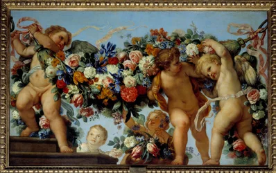 Kærlighed og blomsterkranser Maleri af Carlo Maratta (1625-1713) 1600-tallets søn. 1,06x1,73 m