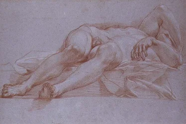 Studie til figuren af Sisera, kridt på papir, ca. 1680: foreløbig tegning til mosaikken af Jael og Sisera til kapellet til præsentationen i Peterskirken, Rom.