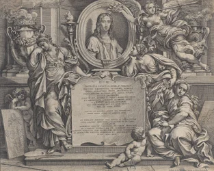 Frontispice med ovalt portræt af Raphael, med tre allegoriske figurer af kunsten sup..., 1675.