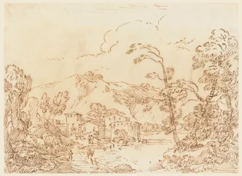 Tegning, En landsby ved en bæk i et bjergrigt land, 1770-86