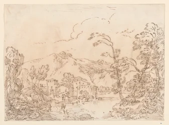 Tegning, En landsby ved en bæk i et bjergrigt land, 1770-86