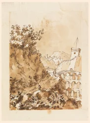 Tegning, Landskab med bjergby, 1760-80