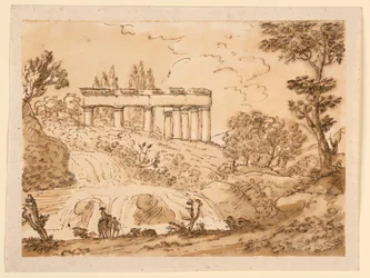Tegning, Landskab med tempelruiner, 1770-1786