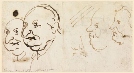 Tegning, Skitser af fire hoveder i karikatur, 1725-75